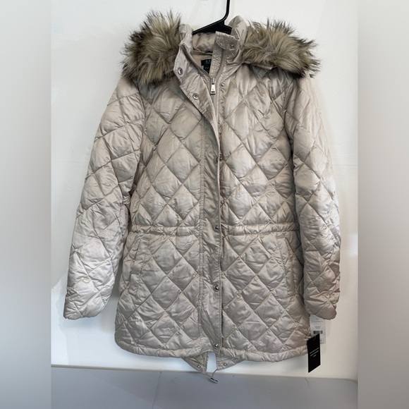 Lauren Ralph Lauren Women’s quilted Jacket faux fur hood Size Small champagne - Picture 1 of 5